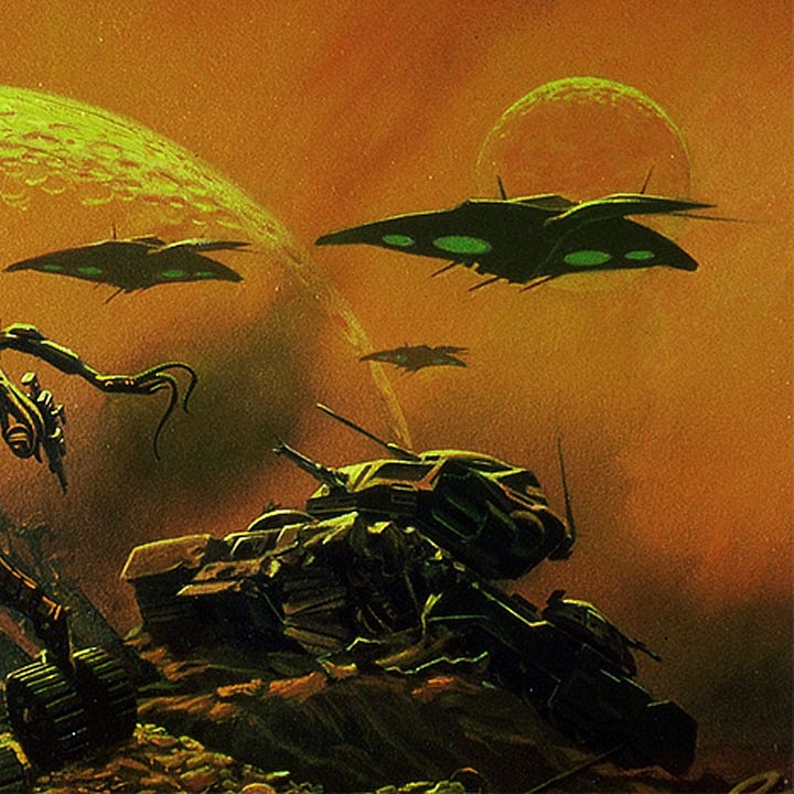 LEFT: Figure detail from ARMAGEDDON featuring a tall robot surveying the battle field. The fin on its head defines its line of sight right as it follows the airships. Its muzzle, reminiscent of a llama, is set on a long broad neck with square serrations projecting from the sides and back. Its broad shoulders and long torso rests on a tripod of squat legs, each set on an independent motorized tread. The sinuous fingers of one hand grip a blaster pistol, while an additional pairs of arms project from its waist with similar tendril-like digits.  RIGHT: Background detail from ARMAGEDDON featuring a ruined tank as a trio of ships fly overhead. The corner of the tread is smashed in immobilizing it with its turret angled upward. The barrel is broken off neutralizing it.