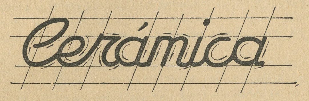 Hand-lettered word “Ceramica” in bold monoline script on cream paper, drawn over slanted grid guide lines with a calligraphic entry stroke.