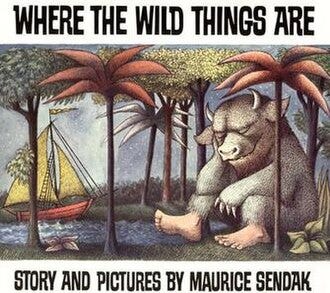 The book cover is an illustration of a sail boat coming into a forested shore. On the shore, sleeping against a tree, is a giant furry monster with bare human feet and the head of a bull. Above the illustration, written in uneven block capital letters against a white background, is the title of the book "Where the Wild Things Are" and below the illustration, "Story and pictures by Maurice Sendak". The book cover is an illustration of a sail boat coming into a forested shore. On the shore, sleeping against a tree, is a giant furry monster with bare human feet and the head of a bull. Above the illustration, written in uneven block capital letters against a white background, is the title of the book "Where the Wild Things Are" and below the illustration, "Story and pictures by Maurice Sendak".
