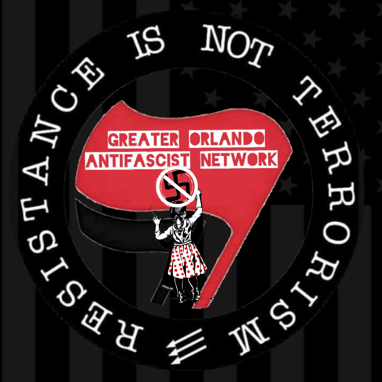 "Greater Orlando Antifascist Network" graphic: This is a digital graphic or logo. It features the text "GREATER ORLANDO ANTIFASCIST NETWORK" over a red and black flag symbol. In the center, a figure holds a crossed-out swastika. This is encircled by the words "RESISTANCE IS NOT TERRORISM". The background has a subdued American flag pattern.