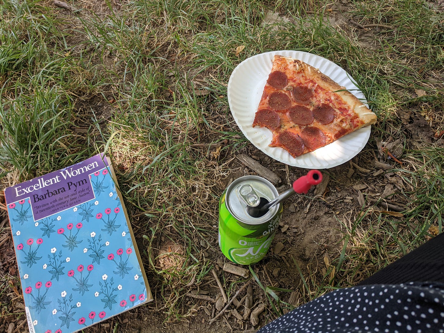 half-eaten slice of pizza and book picnic