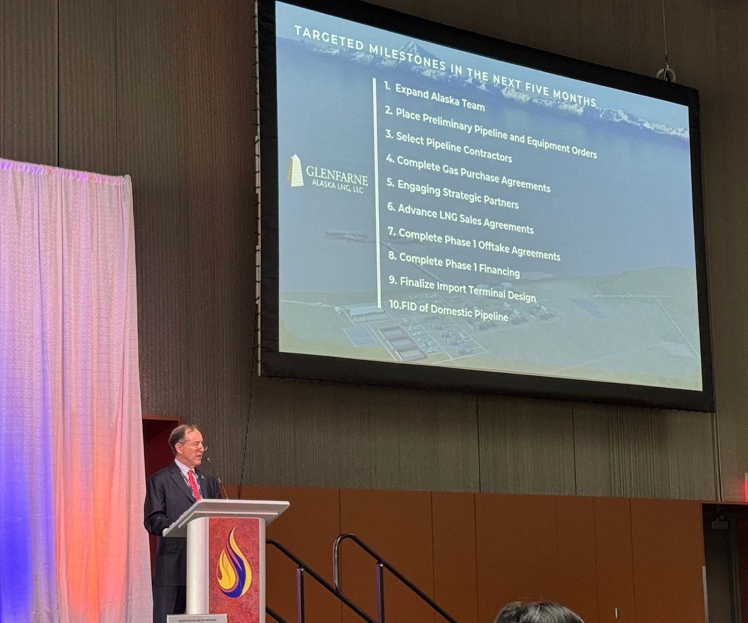 Rex Cannon, co-president of 8 Star Alaska LLC, presents the company's expected milestones in the trans-Alaska natural gas pipeline project on Thursday, Aug. 28, 2025. (Photo by James Brooks/Alaska Beacon) Rex Cannon, co-president of 8 Star Alaska LLC, presents the company's expected milestones in the trans-Alaska natural gas pipeline project on Thursday, Aug. 28, 2025. (Photo by James Brooks/Alaska Beacon)