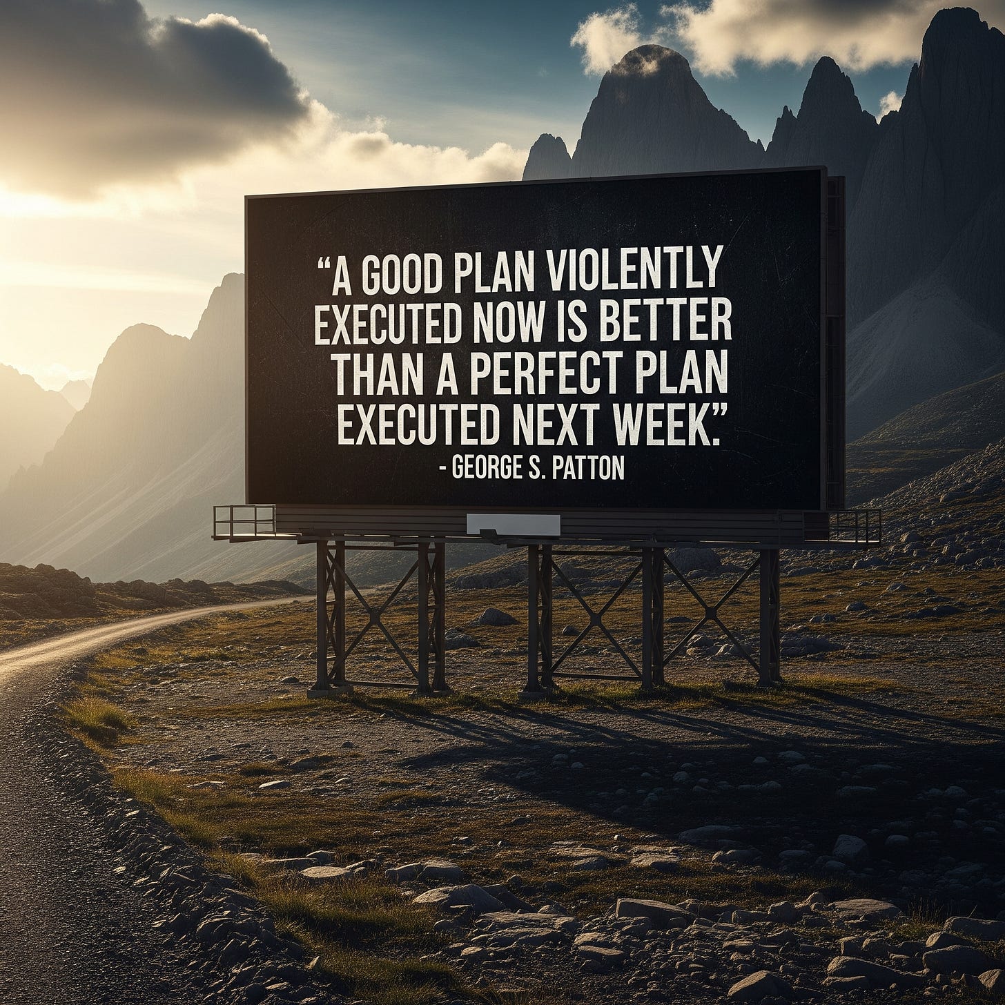A large, weathered billboard stands on a remote, winding road in a rugged mountain landscape. The billboard has a quote from George S. Patton in bold white text against a dark background: "A good plan violently executed now is better than a perfect plan executed next week." The sun is low in the sky, casting a warm glow over the scene.