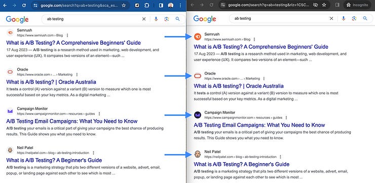 Side-by-side comparison of two google search results pages. The one on the right is slightly different. Side-by-side comparison of two google search results pages. The one on the right is slightly different.