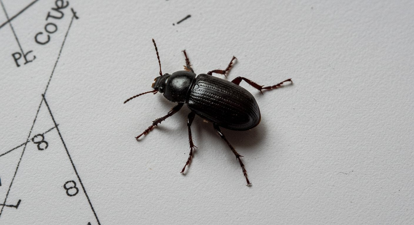 A black bug on a piece of copy
