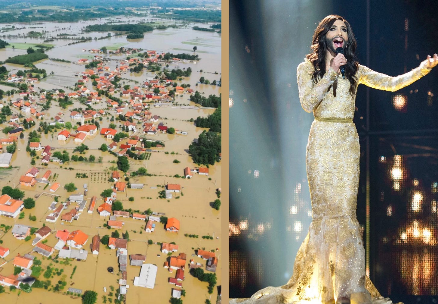 Image shows two photographs, side by side. To the left is a flooded village during cyclone Yvette / Tamara. To the right is Conchita Wurst during her Eurovision performance, she wears a long mermaid cut dress in cream and gold. Image shows two photographs, side by side. To the left is a flooded village during cyclone Yvette / Tamara. To the right is Conchita Wurst during her Eurovision performance, she wears a long mermaid cut dress in cream and gold.