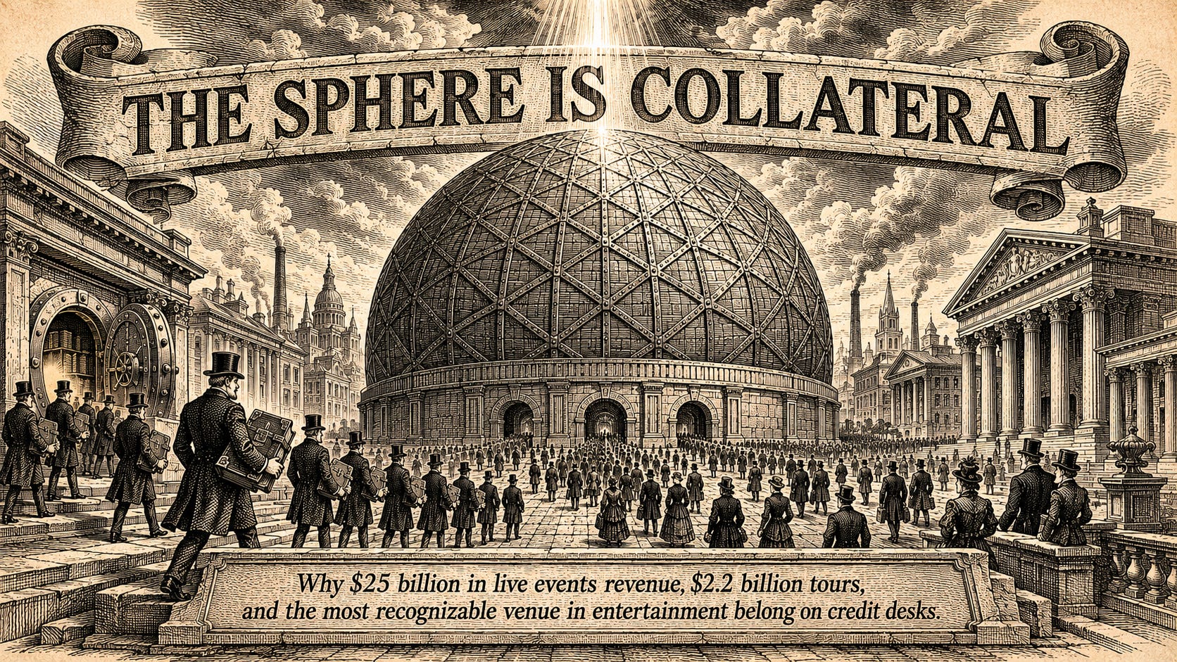 Editorial wood-engraving illustration in the style of Thomas Nast for Attention Capital's essay The Sphere Is Collateral. A monumental spherical iron-clad building rises at center frame above a 19th century financial district plaza, with the title "The Sphere Is Collateral" chiseled into a stone banner across the upper third of the composition and the subtitle carved into a foundation stone tablet at the base, surrounded by neoclassical bank buildings, while bankers in frock coats carry bound ledgers from a vault door toward the sphere and a crowd streams into arched entrances at the building's base. The image visualizes the Sphere venue as a senior-secured collateral asset, the central thesis of Attention Capital's analysis of the live events private credit market, anchored by Sphere Entertainment, Live Nation, and forward-flow ticketing receivables as the next institutional asset class.