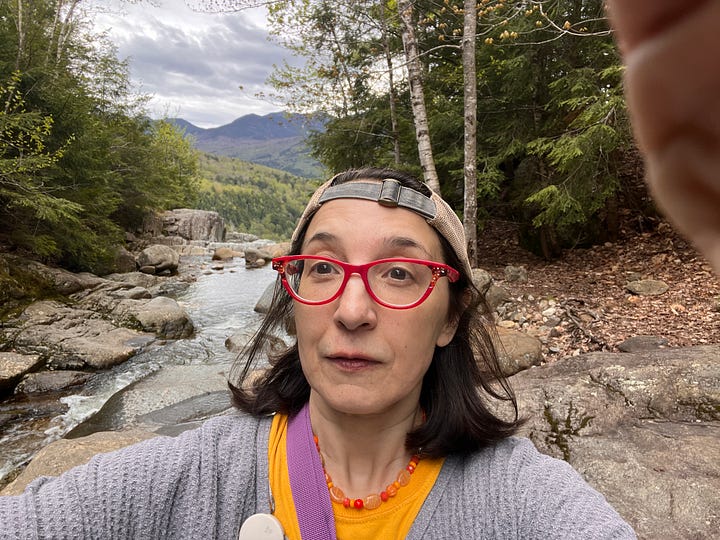 Sonya wearing a backwards baseball cap with mountains in the distance; a mountainous scene with overcast sky in spring; Ausable Chasm with water running between rock walls; a bare artist's cabin with a computer and papers on a folding table.