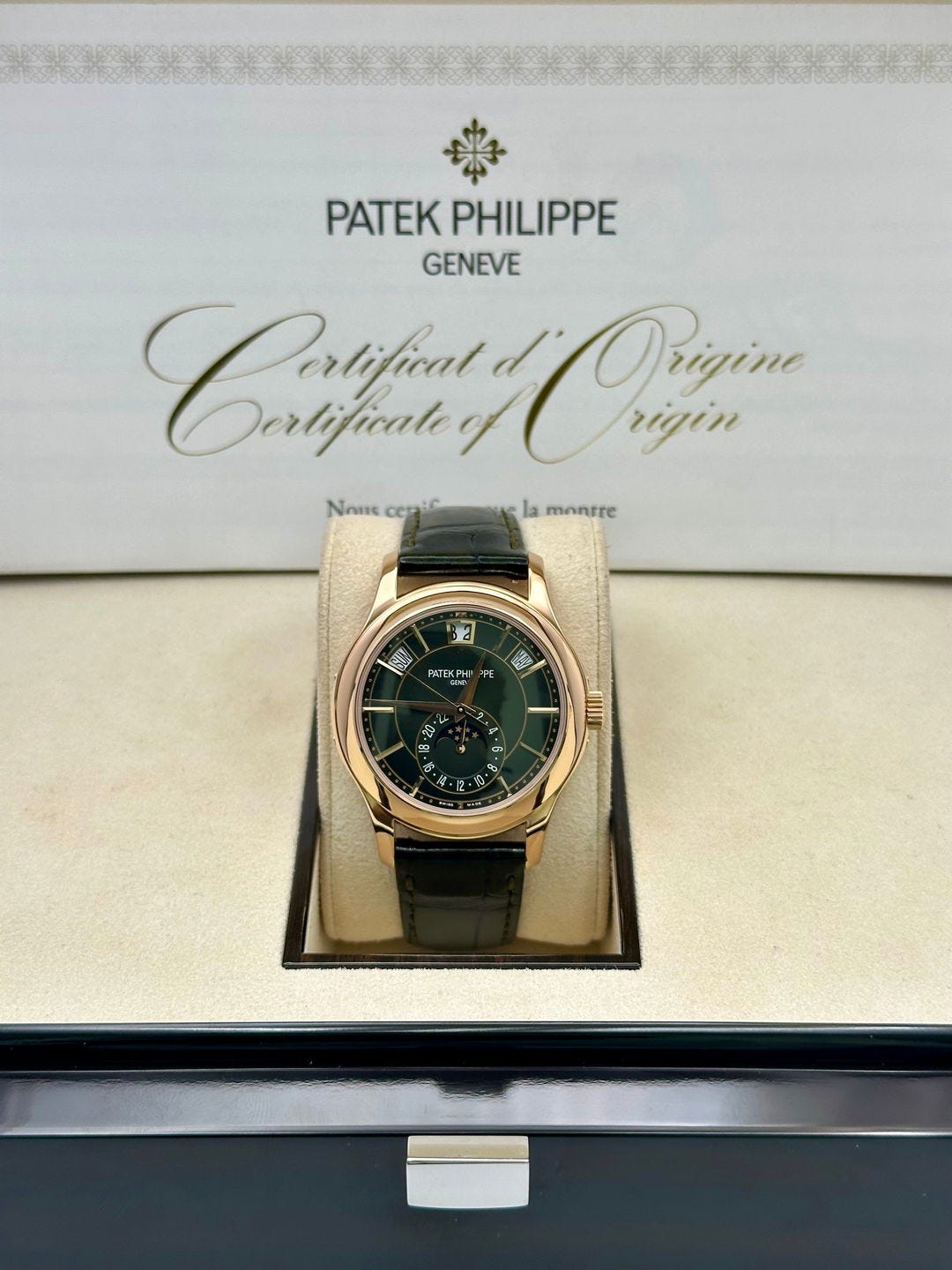 2026 Patek Philippe Annual Calendar Rose Gold / Olive Green 5205R-011 Listing Image 1 2026 Patek Philippe Annual Calendar Rose Gold / Olive Green 5205R-011 Listing Image 1