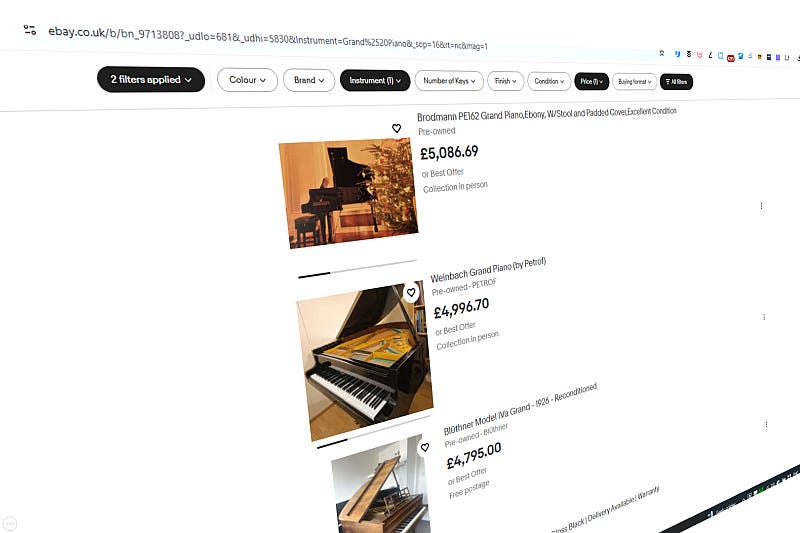 An ebay screenshot for pianos for sale