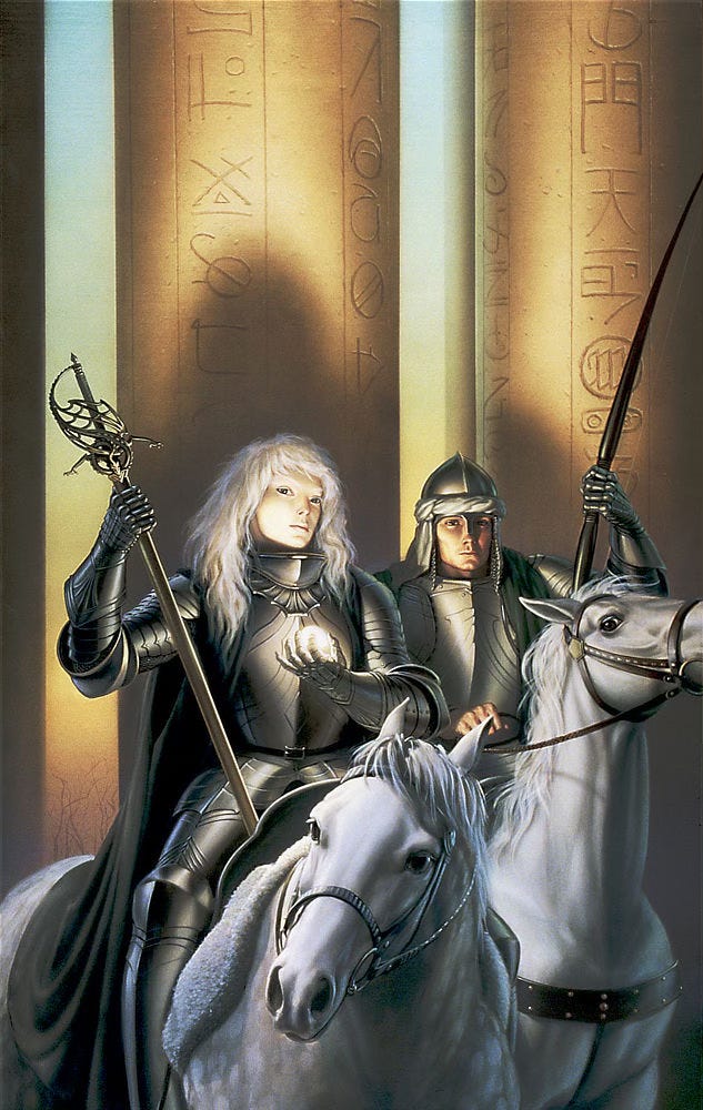 Mounted on white horses, a man and woman wearing plate armor pause in front of pillars inscribed with hieroglyphic-style writing. In one gauntleted hand, she holds out a glowing sphere that bathes her face and long white hair in light while casting shadow back upon the pillars. In the other hand, she grasps the blade of a sword with ornate basket hilt. Her gray long cloak spills down over the flank of her horse. Her companion, set slightly behind her, wears a peaked helm with nose guard. He props a bow vertically on the saddle of his horse. It's head jerks back as he pulls on the reins. Mounted on white horses, a man and woman wearing plate armor pause in front of pillars inscribed with hieroglyphic-style writing. In one gauntleted hand, she holds out a glowing sphere that bathes her face and long white hair in light while casting shadow back upon the pillars. In the other hand, she grasps the blade of a sword with ornate basket hilt. Her gray long cloak spills down over the flank of her horse. Her companion, set slightly behind her, wears a peaked helm with nose guard. He props a bow vertically on the saddle of his horse. It's head jerks back as he pulls on the reins.