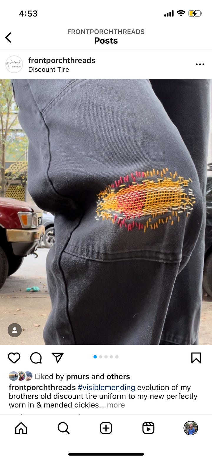 Two examples of darning, one on the knee of pants and the other on the elbow of a jacket