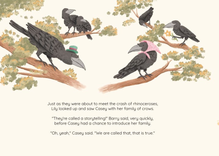 Four color illustrations: a book cover with a girl and a sloth hugging a pink heart that says "Lily Alice and the Best Snuggle Ever," written by Kassondra Cloos and illustrated by Belén Salov; a family of crows; a possum with babies on its back; and a little girl in a pink dress sitting at a tree stump with a baby bear and a mother fox in a blue bonnet surrounded by her kits.