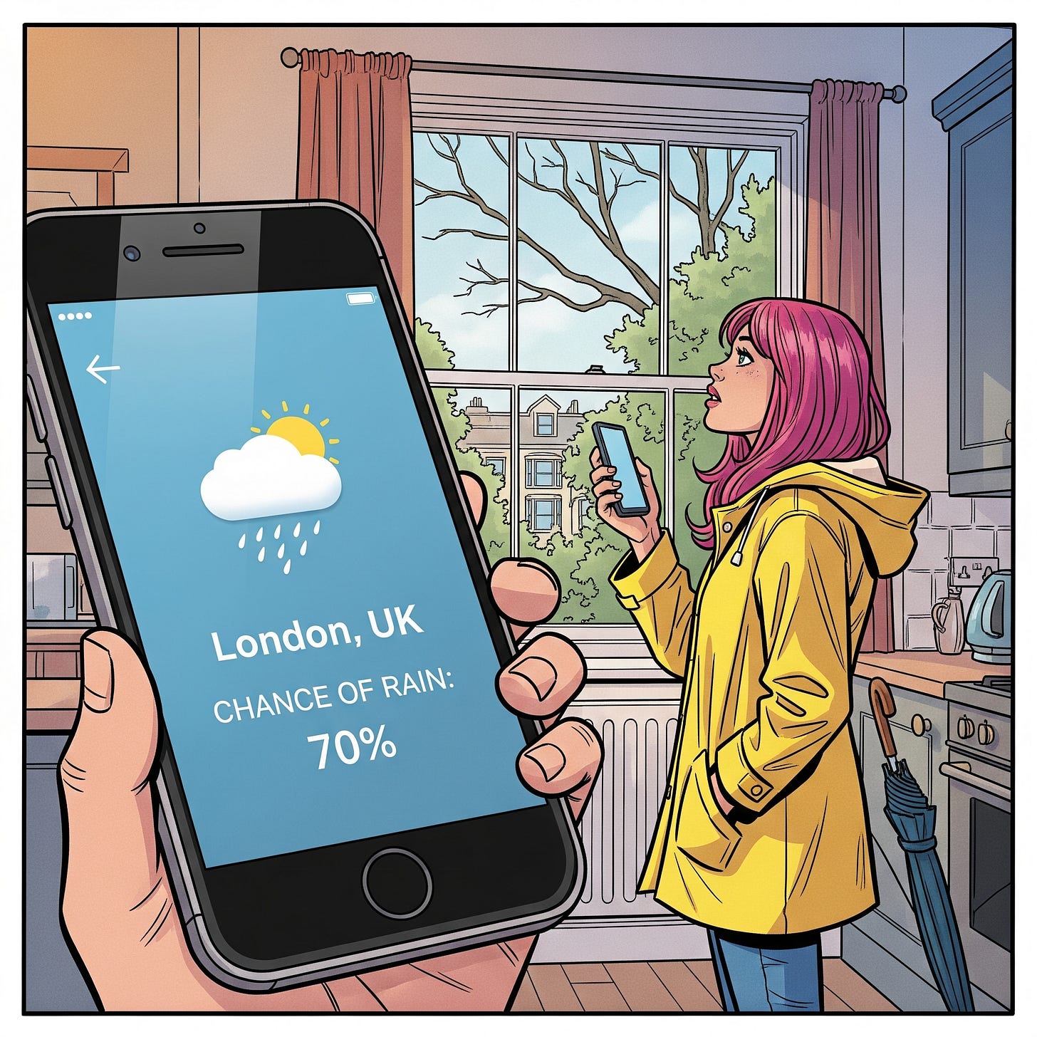 An illustration of a lady checking her smartphone for weather forecasts with a 70% chance of it raining