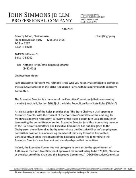 Letter to Idaho GOP from Anthony Tirino's new Idaho Falls based attorney