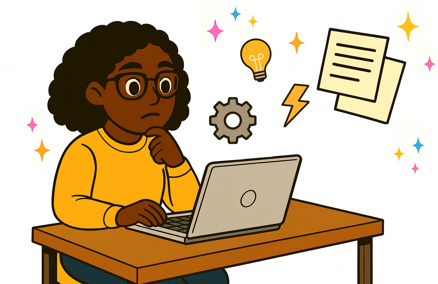 developer thinking at a laptop with light bulb, gear, lightning bolt, and notes floating nearby.