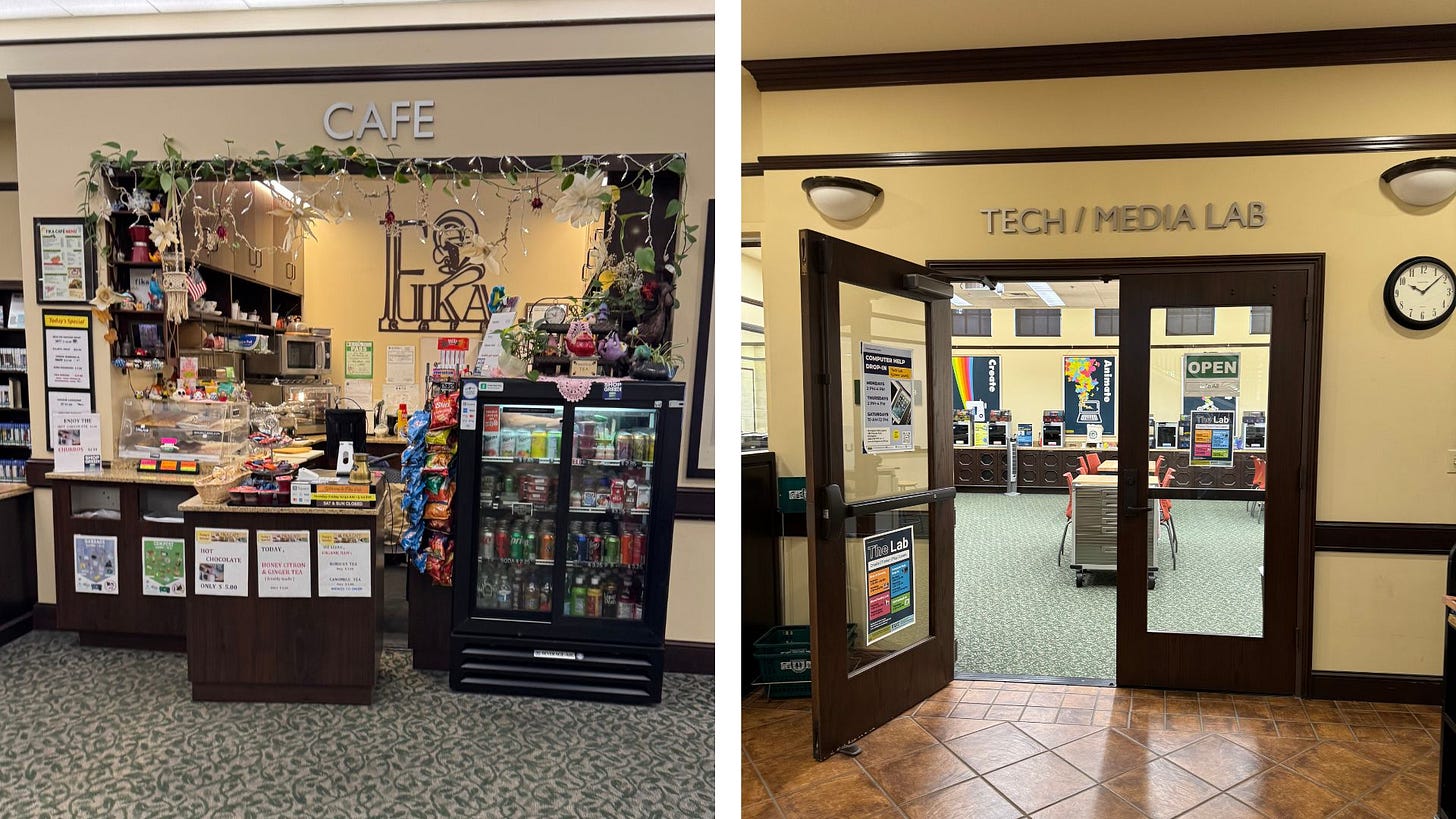 One picture shows a small cafe inside a library, the other picture shows the entrance to a media lab room filled with computers and 3D printers.