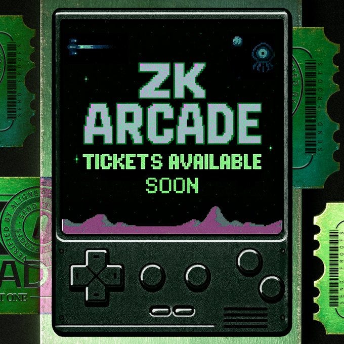 A pixel art design of an arcade machine with a directional pad, buttons, and a screen. The screen displays the text "ZK ARCADE" in green pixelated letters, with additional text "TICKETS AVAILABLE SOON" below it. Green ticket stubs with barcodes and text are visible around the arcade machine. A pixel art design of an arcade machine with a directional pad, buttons, and a screen. The screen displays the text "ZK ARCADE" in green pixelated letters, with additional text "TICKETS AVAILABLE SOON" below it. Green ticket stubs with barcodes and text are visible around the arcade machine.