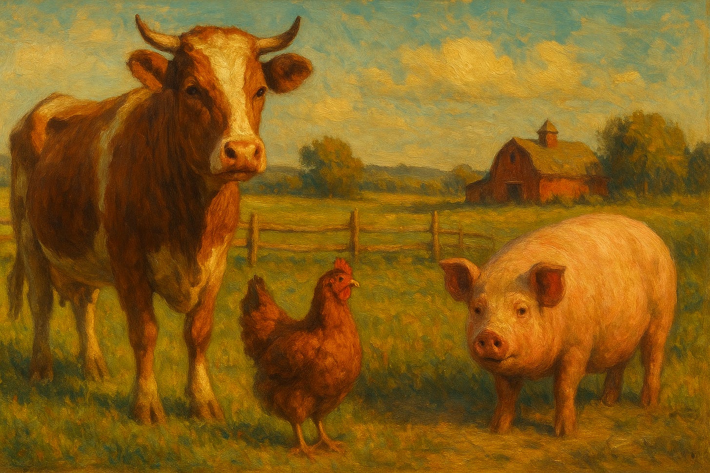 Farm animals on a farm.