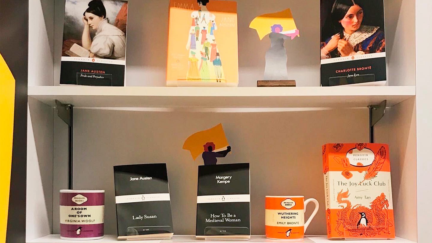 Books shelf filled with books by classic women writers. 