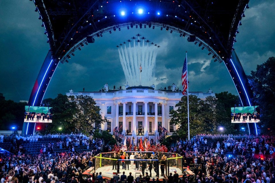 A flyover by the U.S. Air Force Thunderbirds and Navy Blue Angels over the White House and a fighting ring.