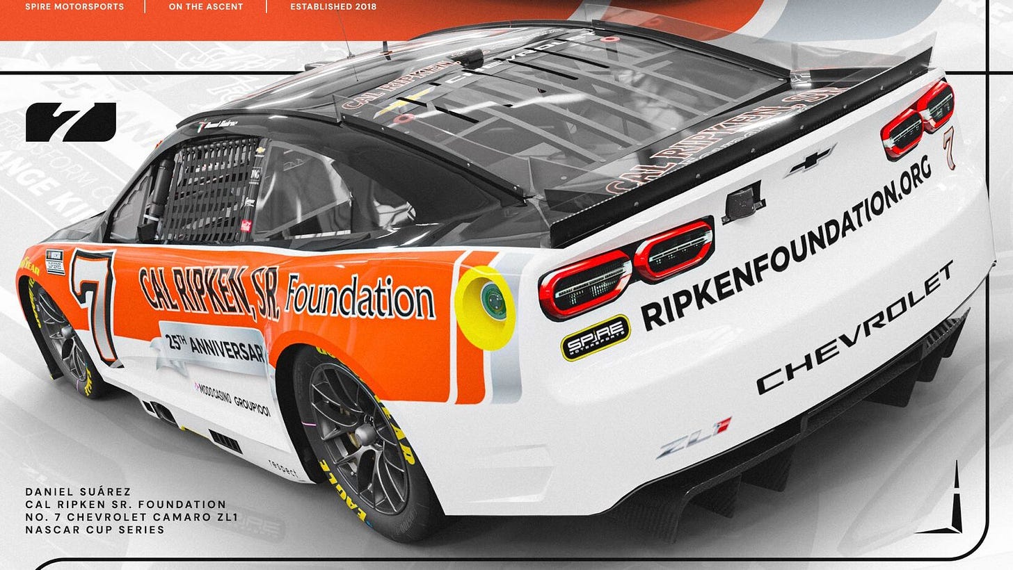 Daniel Suarez 2026 Cal Ripken Sr. Foundation paint scheme Spire Motorsports NASCAR Cup Series Daniel Suarez 2026 Cal Ripken Sr. Foundation paint scheme Spire Motorsports NASCAR Cup Series