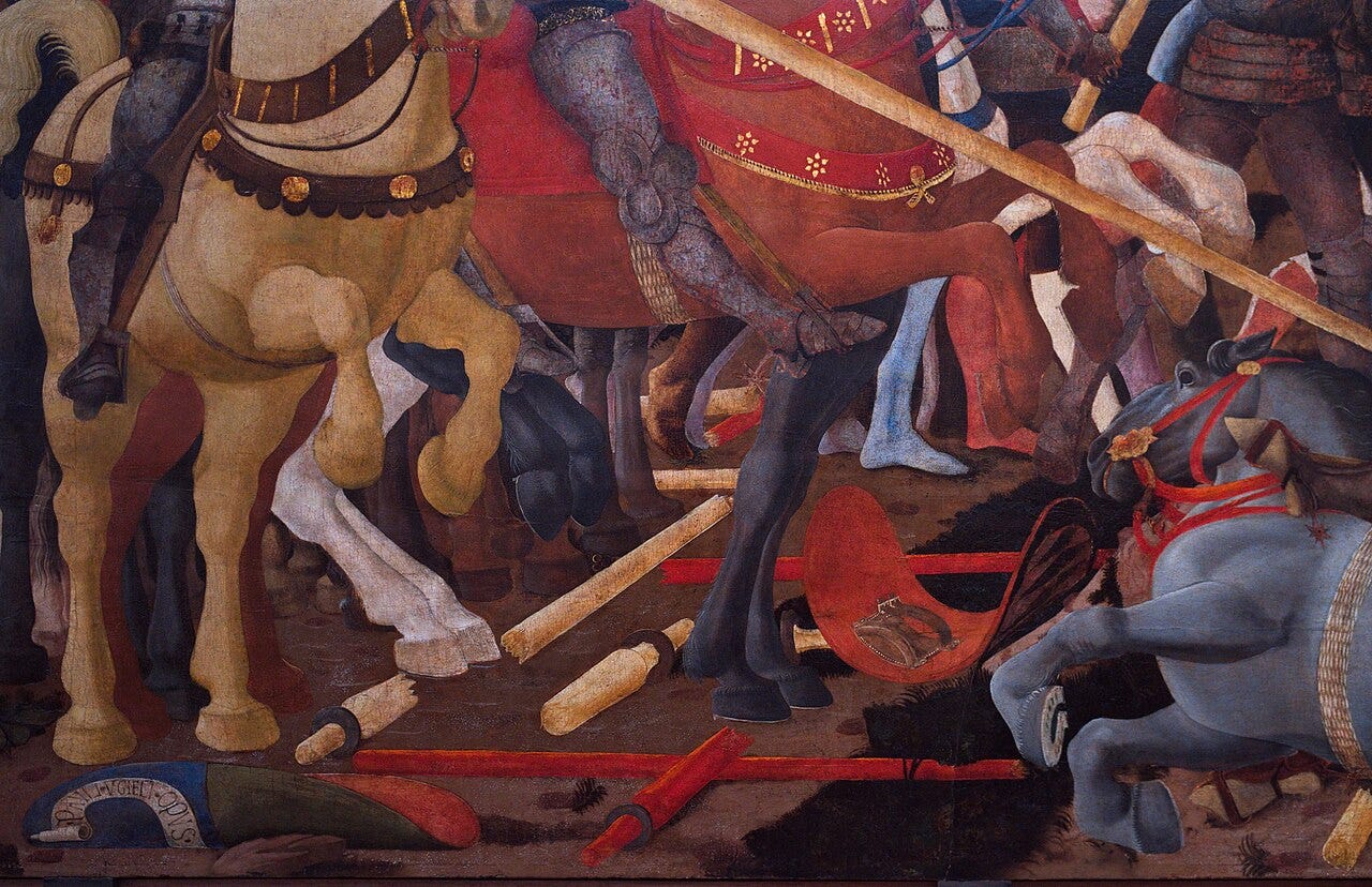 Armoured knights and rearing warhorses clash in a crowded, tilting battlefield of lances Armoured knights and rearing warhorses clash in a crowded, tilting battlefield of lances