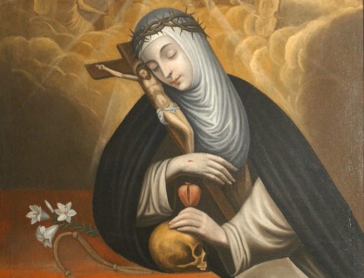 This may contain: a painting of a woman holding a cross and an apple in her hands, with other figures behind her