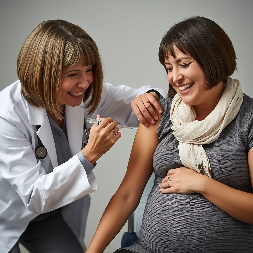 a picture of a doctor injecting a pregnant woman in the arm with a vaccine. the doctor is very happy to do the injection. The mother is also happy. the doctor is middle aged female with a bob hair cut and a white coat. the facial expressions are slightly insidious