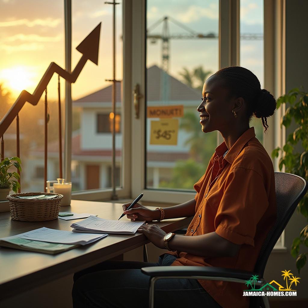 A confident Jamaican homeowner, dressed in casual yet professional attire, sits at a sleek, modern desk, enthusiastically discussing their financial options with a trusted advisor, surrounded by papers and documents detailing their home loan and mortgage terms. In the background, a warm, golden light spills onto a beautiful, Caribbean-style house with a visible mortgage balance on a paper taped to the window, and an upward arrow rising from the roof, symbolizing the property's increasing value. A substantial check, or a pile of cash, rests beside the homeowner, representing the cash-out refinance opportunity. The scene unfolds in a vibrant, urban Jamaican neighborhood, with construction and infrastructure development visible in the background, conveying real estate growth and a sense of possibility. The atmosphere is one of financial empowerment and growth, with warm, inviting colors and cinematic lighting