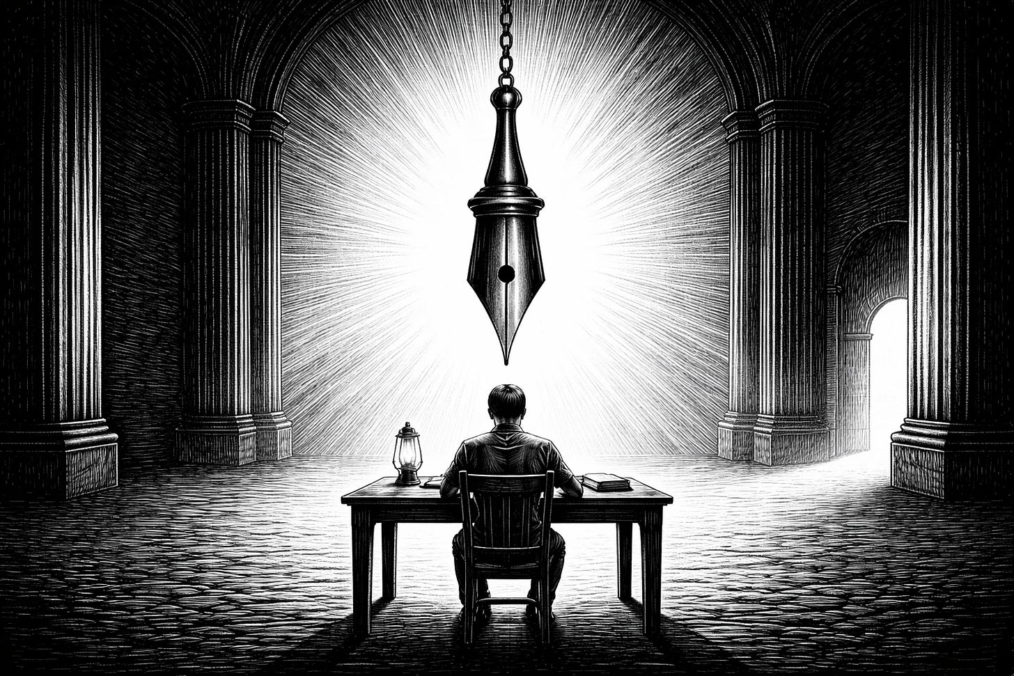 Black-and-white engraved illustration of a lone person seated at a desk in a vast columned hall, with a giant fountain pen nib hanging overhead like a sword. The image evokes perfectionism, pressure, and self-judgment, with standards turned into threat. Black-and-white engraved illustration of a lone person seated at a desk in a vast columned hall, with a giant fountain pen nib hanging overhead like a sword. The image evokes perfectionism, pressure, and self-judgment, with standards turned into threat.