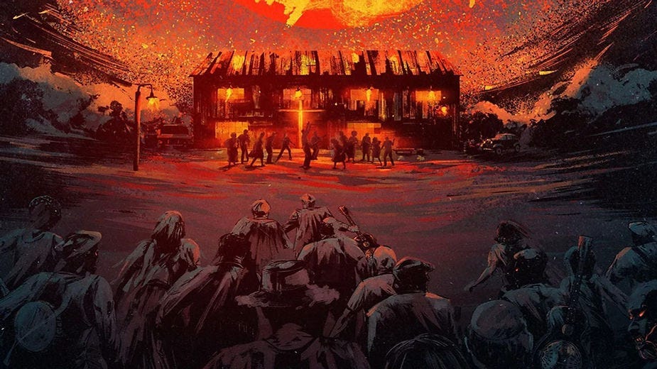 Crowd stands before a dark building with glowing orange windows. A fiery sky looms above, creating an intense and dramatic scene. Crowd stands before a dark building with glowing orange windows. A fiery sky looms above, creating an intense and dramatic scene.