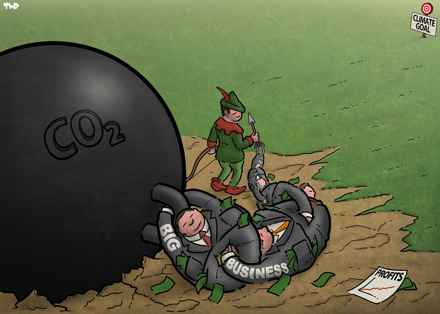 Cartoon showing a giant iron ball labeled 'CO2'. The ball is connected to an arrow by a (short) chain with links shaped like fat businessmen with pockets full of money. The chain is labeled 'big business'. A figure in Robin Hood costume is preparing to shoot the arrow at a faraway target labeled 'climate goal' but looks despondently at the chain that is attached to the arrow.