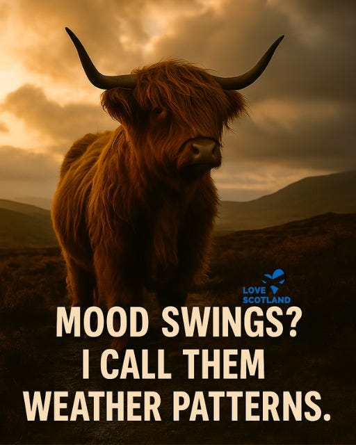 May be an image of text that says "LOVE SCOTLAND MOOD SWINGS? I CALL THEM WEATHER PATTERNS."