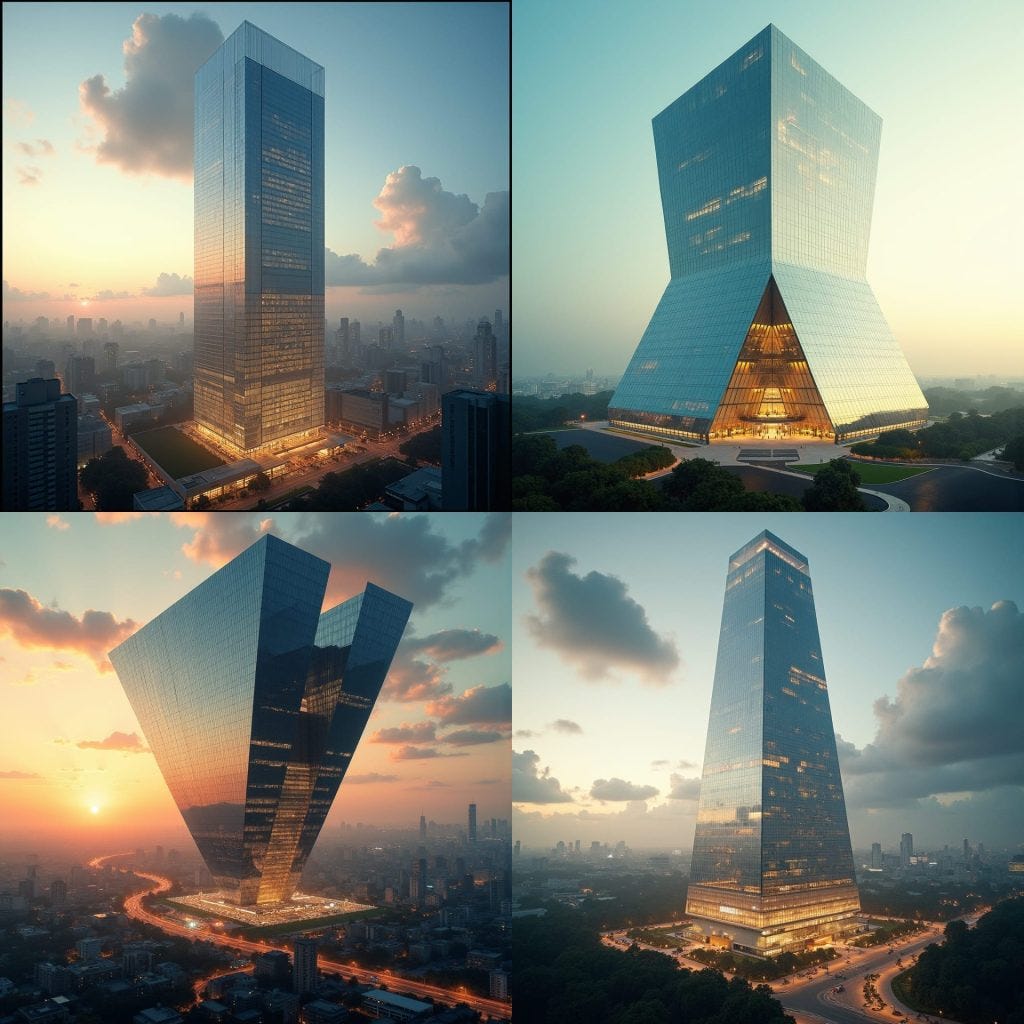 A colossal upside-down pyramid skyscraper located in the heart of Kingston, with its widest point at the top and the narrowest at the base. The building’s walls are made entirely of reflective glass, and it rises high above the city, defying traditional architectural logic. The upper floors house offices and luxury suites, with an open-air plaza at the base for public markets and events. Gravity-defying, inverted architecture, futuristic glass structure, urban marvel.