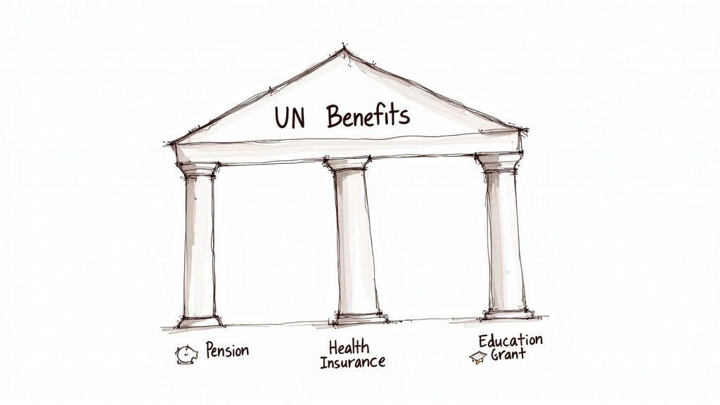 A drawing of a building facade labeled 'UN Benefits' with columns representing Pension, Health Insurance, and Education Grant. A drawing of a building facade labeled 'UN Benefits' with columns representing Pension, Health Insurance, and Education Grant.
