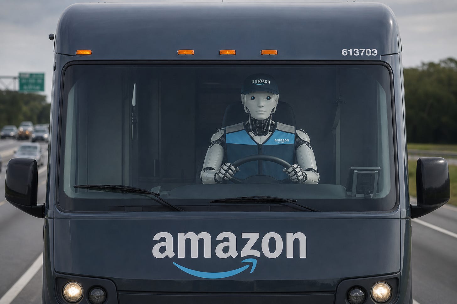 Robot delivery man driving an Amazon truck down the highway Robot delivery man driving an Amazon truck down the highway