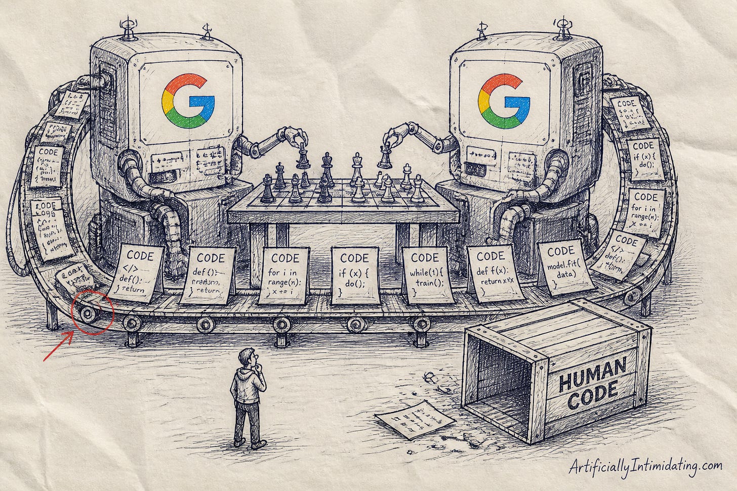 Editorial cartoon: two identical machines bearing the Google logo play chess against each other while a conveyor belt loops code pages between them; an empty crate stencilled HUMAN CODE lies scraped bare on the floor as a tiny engineer looks on.