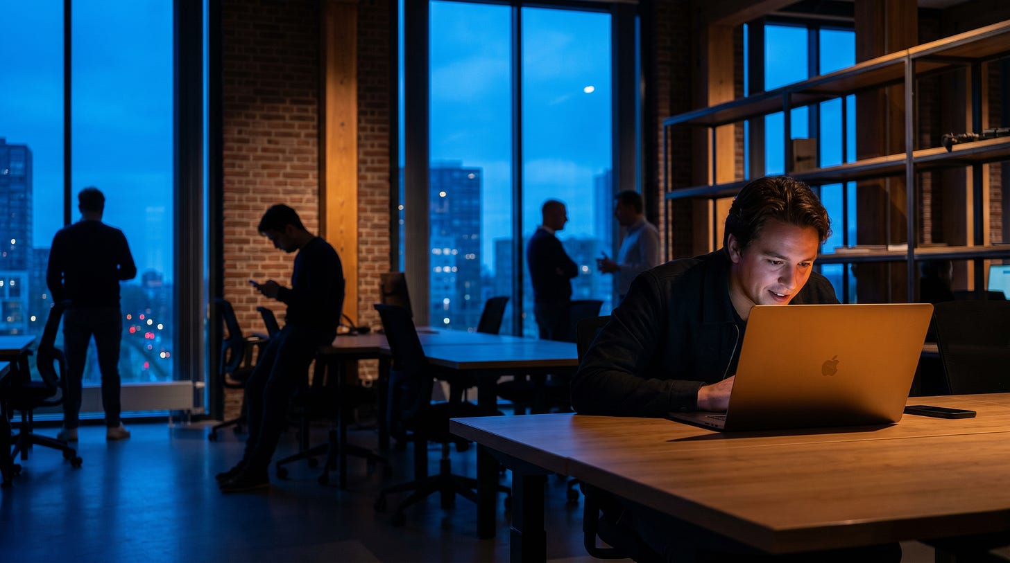 Vijf mensen in een donker Rotterdams kantoor bij schemering, één met laptop-glow op het gezicht