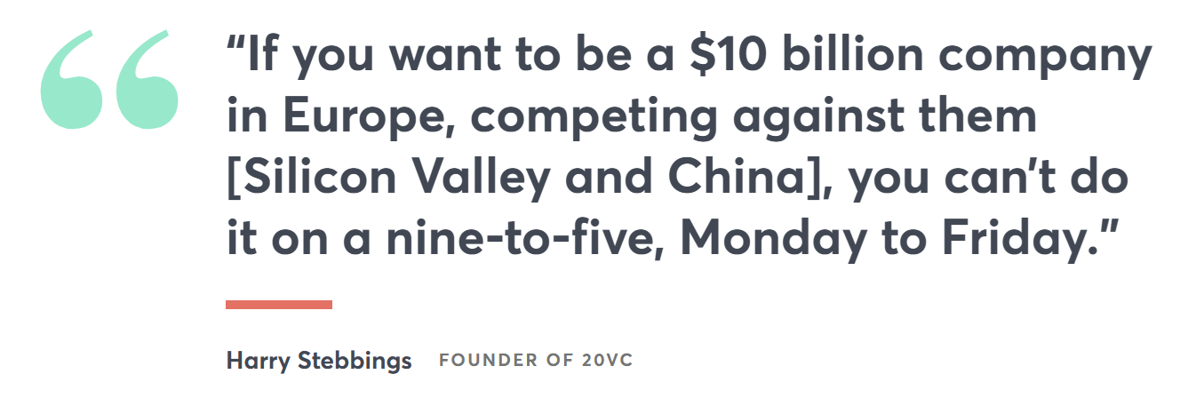Quote from Harry Stebbings of 20VC saying billion-dollar companies can’t be built on a nine-to-five schedule.