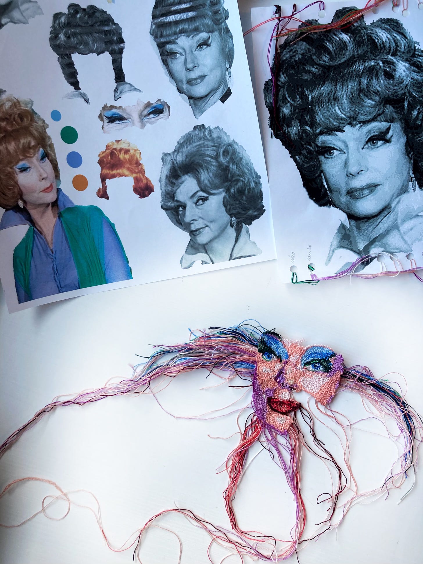 Flat lay picture with the moodboards for the crochet portrait of Endora and the crochet portrait of Endora in progress.
