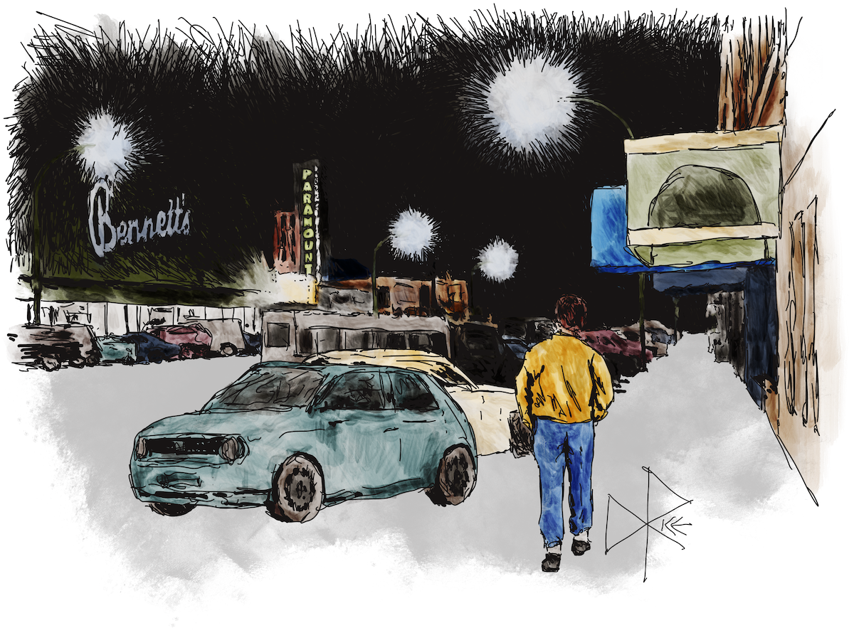 Seen from behind, a man walks the sidewalk of a small town’s main street at night. Streetlights, business and the local cinema’s signage lights up the other side of the street. Sketch art by Don Rice. Seen from behind, a man walks the sidewalk of a small town’s main street at night. Streetlights, business and the local cinema’s signage lights up the other side of the street. Sketch art by Don Rice.