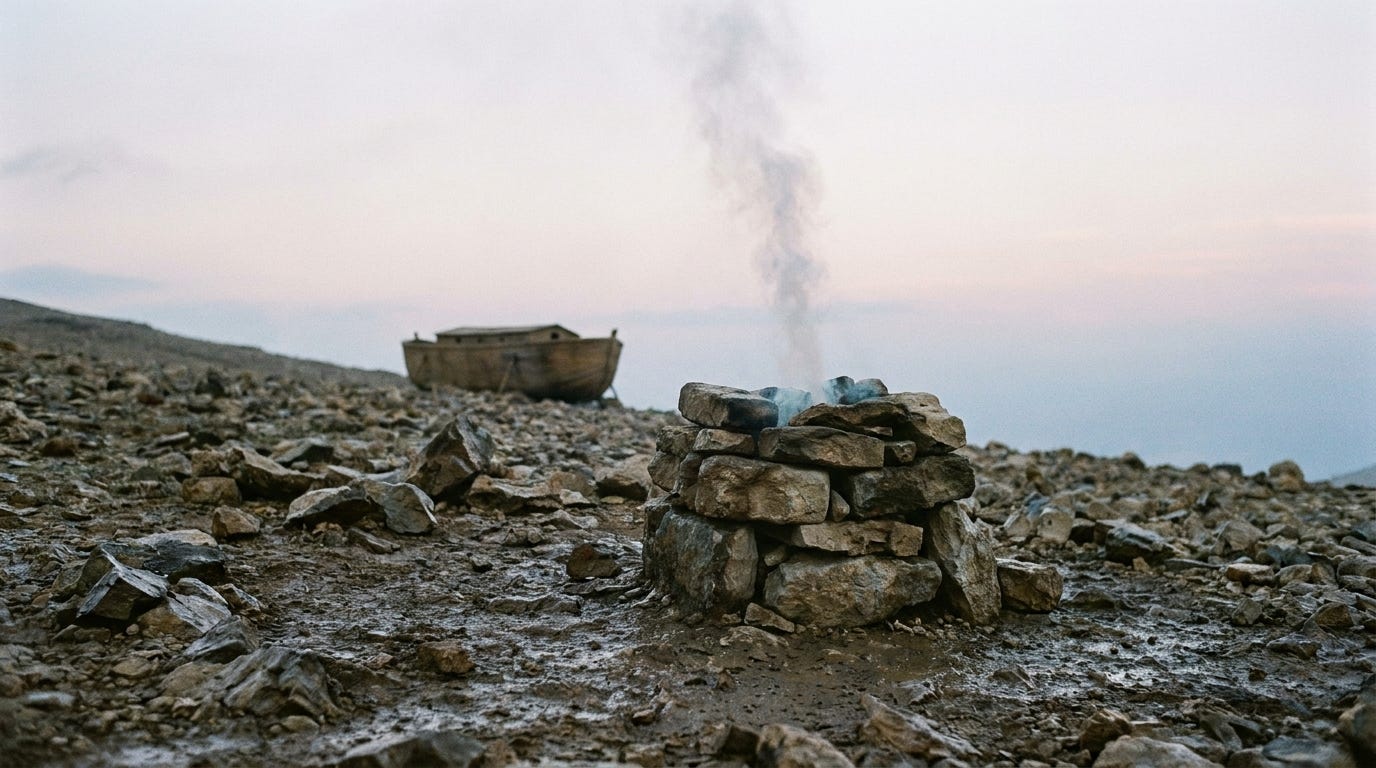A simple stone altar on a bare mountainside at dawn, a thin line of smoke rising straight into a clearing sky, wet ground and a distant wooden ark behind it, no people, no faces, no text A simple stone altar on a bare mountainside at dawn, a thin line of smoke rising straight into a clearing sky, wet ground and a distant wooden ark behind it, no people, no faces, no text