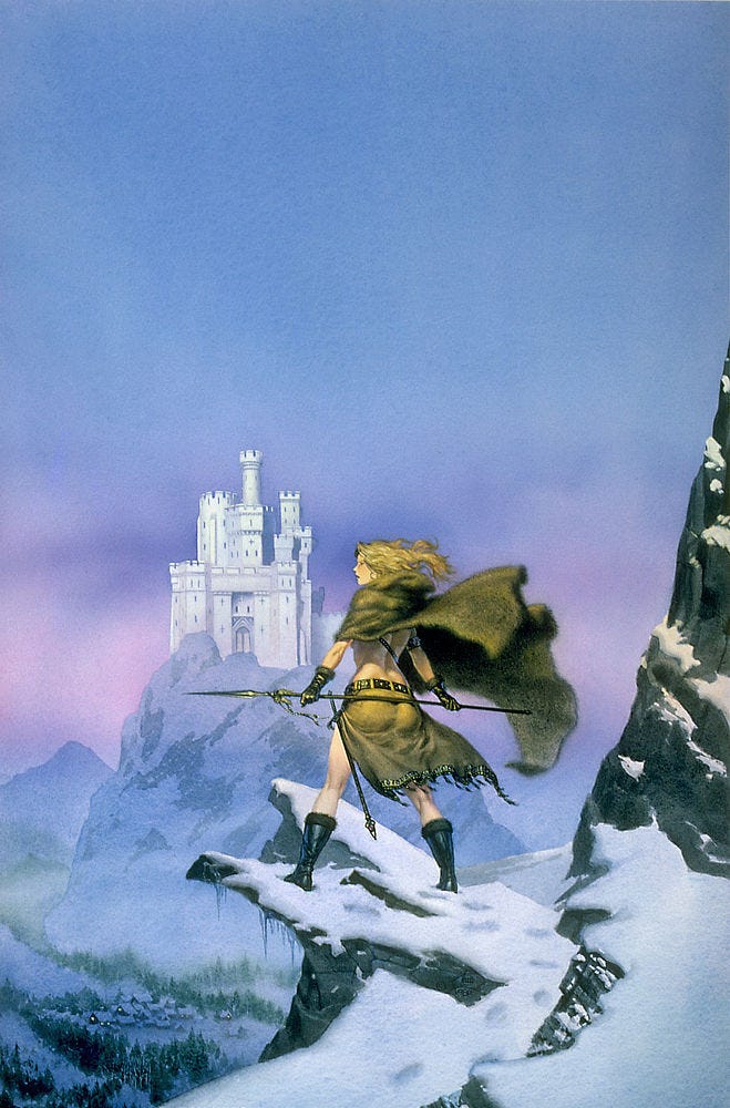 Standing on a snowy mountain outcrop, a woman in fur cloak and short skirt stands with blonde hair blowing behind her in the chill breeze. The bare skin of her back is revealed as the heavy cloak billows with a gust. Resting across her lower back, she holds a spear with gloved hands. Her booted feet are spread wide. In profile, she stares off panel left with the line of her eyes crossing a pristine white castle rising from a mountain peak in the distance. Standing on a snowy mountain outcrop, a woman in fur cloak and short skirt stands with blonde hair blowing behind her in the chill breeze. The bare skin of her back is revealed as the heavy cloak billows with a gust. Resting across her lower back, she holds a spear with gloved hands. Her booted feet are spread wide. In profile, she stares off panel left with the line of her eyes crossing a pristine white castle rising from a mountain peak in the distance.