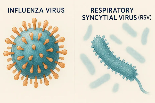 Medical illustration comparing the structural differences between the Influenza virus and RSV.
