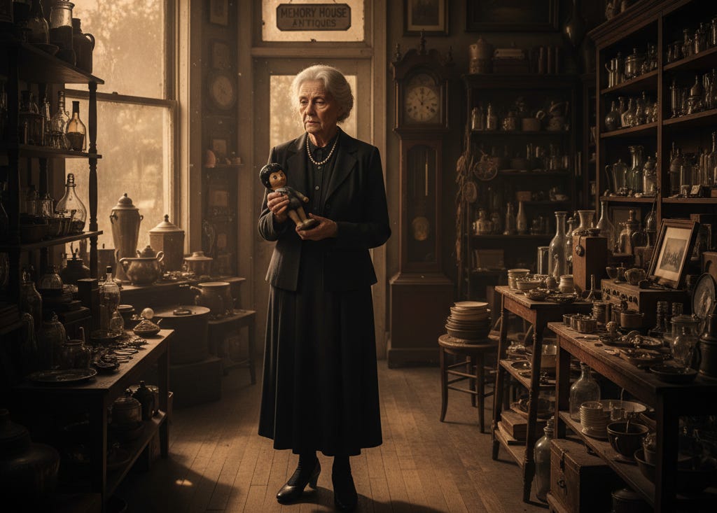 Dolly Mercier holding a vintage figurine in her antique shop, formatted for a Substack header (16:9 aspect ratio) Dolly Mercier holding a vintage figurine in her antique shop, formatted for a Substack header (16:9 aspect ratio)