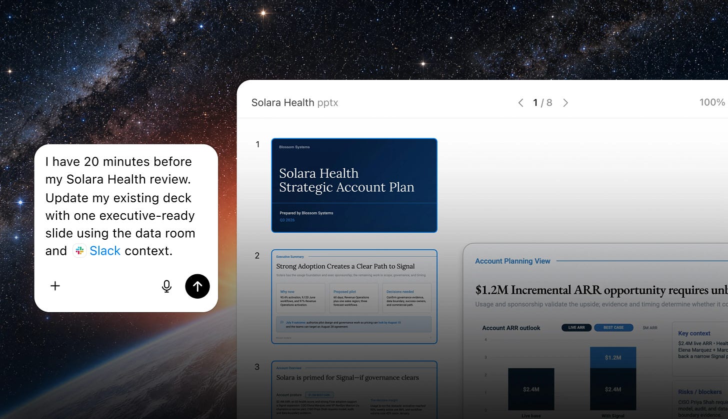 ChatGPT updates a Solara Health strategic account plan presentation using data room and Slack context. ChatGPT updates a Solara Health strategic account plan presentation using data room and Slack context.