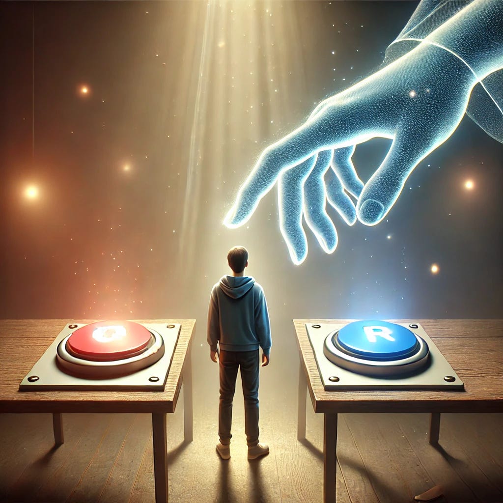 A conceptual illustration of a person standing in front of two buttons, looking indecisive, while a glowing, ethereal invisible hand gently guides them toward one of the buttons. The scene has a mystical and symbolic atmosphere, with soft lighting and a subtle aura around the guiding hand. The buttons are labeled with abstract symbols to signify different choices. The setting is minimalistic, focusing on the emotional moment of decision-making. A conceptual illustration of a person standing in front of two buttons, looking indecisive, while a glowing, ethereal invisible hand gently guides them toward one of the buttons. The scene has a mystical and symbolic atmosphere, with soft lighting and a subtle aura around the guiding hand. The buttons are labeled with abstract symbols to signify different choices. The setting is minimalistic, focusing on the emotional moment of decision-making.