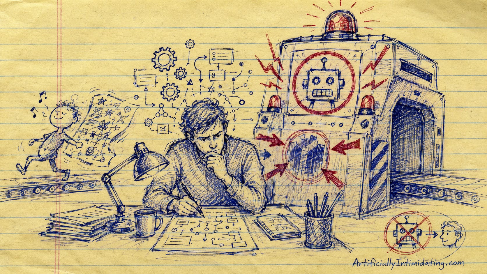 AI-generated editorial cartoon in a hand-drawn blue-pen sketch style on yellow legal-pad paper. A thoughtful human writer sits at a desk making careful flowcharts and structured notes while a giant AI detector machine scans them, flashes red alarms, and flags them with a robot icon. Inside the machine are similar neat logic diagrams, suggesting it learned from the same kind of careful human writing it now punishes. On the left, a sloppy, chaotic essay rides past on a separate conveyor without setting off any alarms. AI-generated editorial cartoon in a hand-drawn blue-pen sketch style on yellow legal-pad paper. A thoughtful human writer sits at a desk making careful flowcharts and structured notes while a giant AI detector machine scans them, flashes red alarms, and flags them with a robot icon. Inside the machine are similar neat logic diagrams, suggesting it learned from the same kind of careful human writing it now punishes. On the left, a sloppy, chaotic essay rides past on a separate conveyor without setting off any alarms.