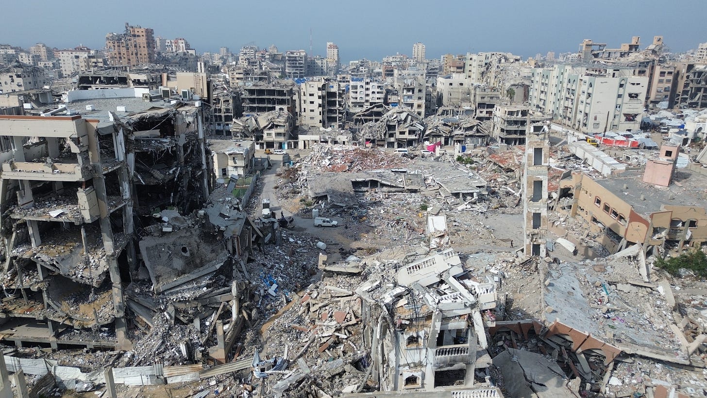 An aerial view shows an absolutely destroyed landscape of what used to be Al-Aqsa University.